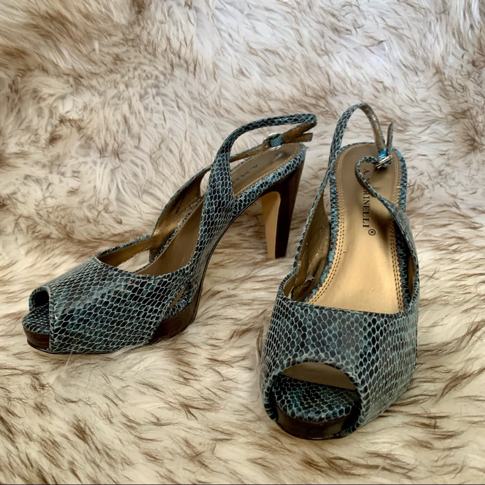 A. Marinelli teal faux snake peep toe slingback